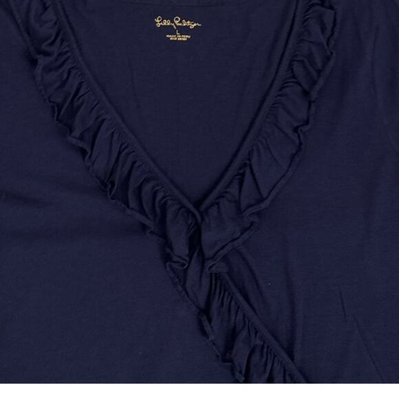 Lilly Pulitzer Loreda Ruffle Wrap Navy Blue Long Sleeve Shirt Size Women's Large - Picture 3 of 4
